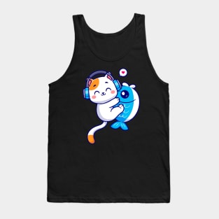 Cute Cat Hug Fish With Headphone Cartoon Tank Top